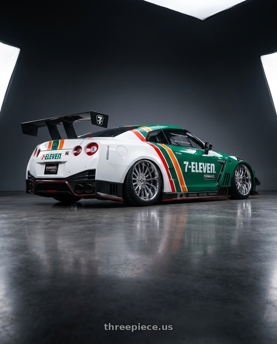 2025 NISSAN GT-R NISMO GT3(TARMAC WORKS × 7-ELEVEN TAIWAN 7-11限定紀念車) with VELOCITY 11 5X114.3/5X120 22x8 +38 CHROME wheels rear three quarter view slight stretch tires