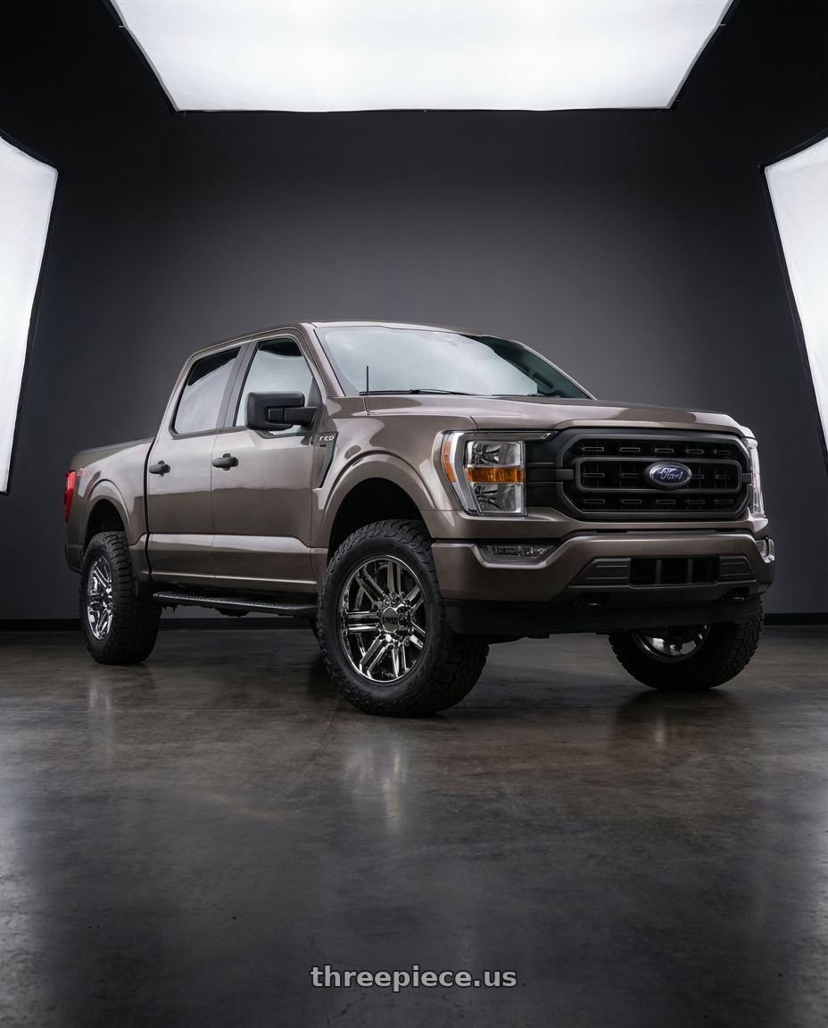 2019 Ford F-150 with Moto Metal MO202 6X135 20X10 -18 CHROME CENTER GLOSS BLACK MILLED LIP wheels front three quarter view stock stance