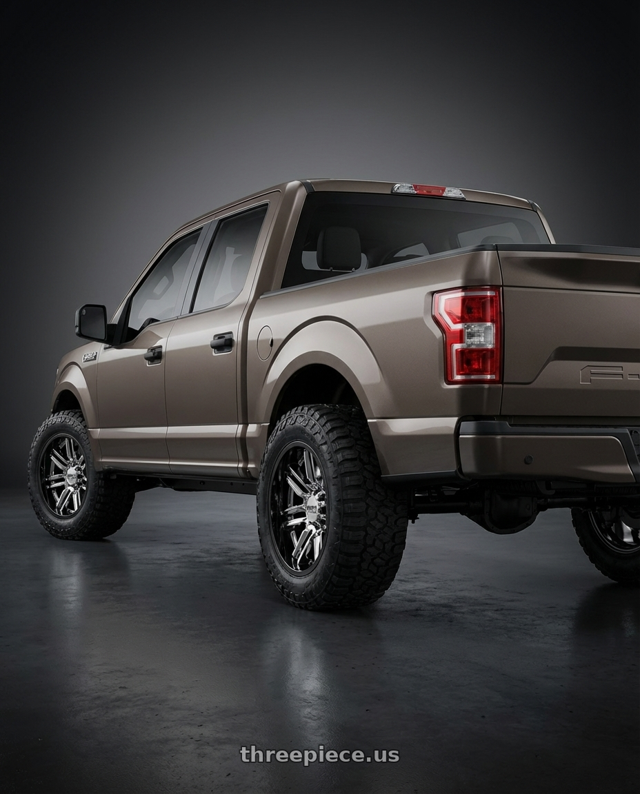 2019 Ford F-150 with Moto Metal MO202 6X135 20X10 -18 CHROME CENTER GLOSS BLACK MILLED LIP wheels rear three quarter view meaty tires