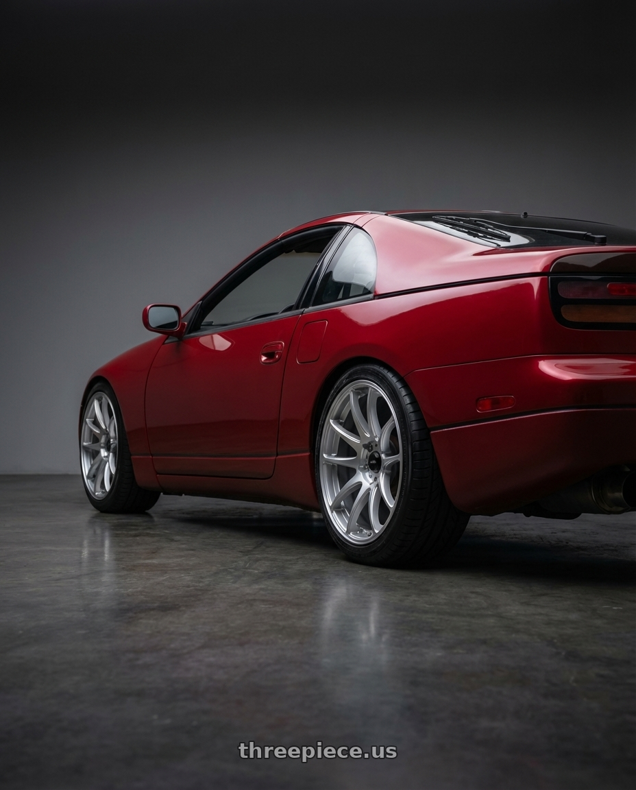 1990 nissan 300zx with Vors TR4 5x100 17x8  +35 Silver Machine Face wheels rear three quarter view square tires