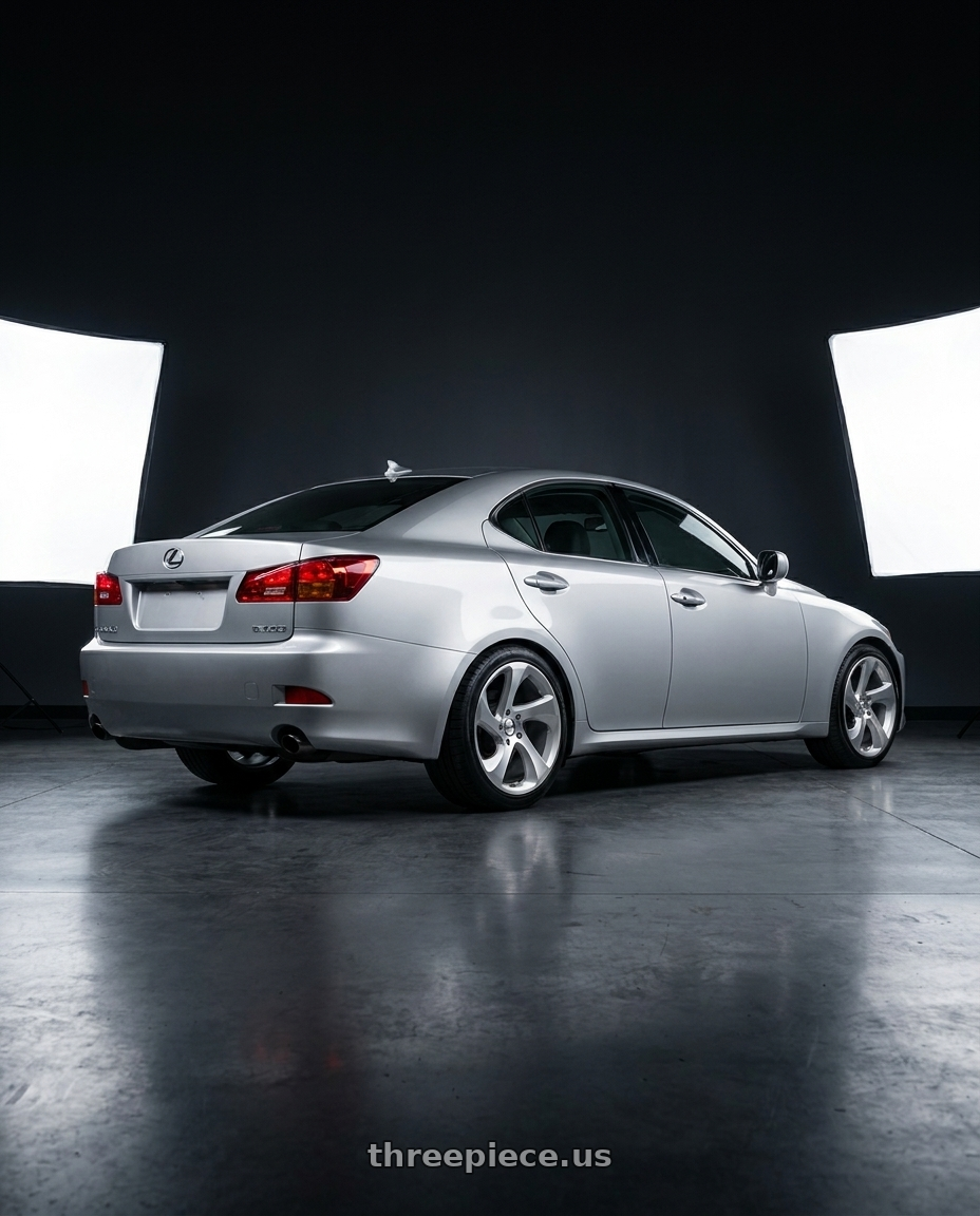 2005 lexus is with Shift Strut 5x114.3 17x8 +35 Silver Machined wheels rear three quarter view square tires
