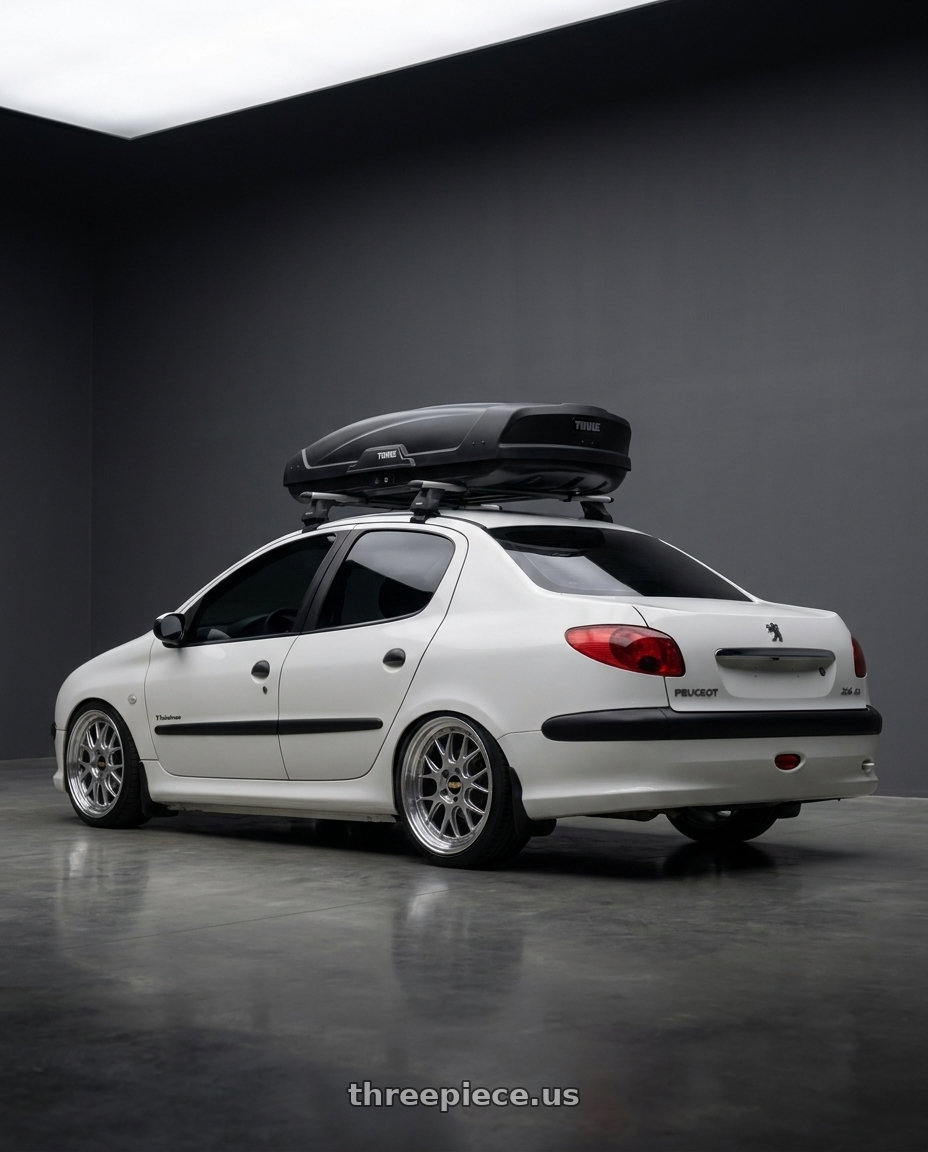 2011 Peugeot 206 SD with BBS LM-R 5x114.3 19x8.5+43 Diamond Silver wheels rear three quarter view square tires