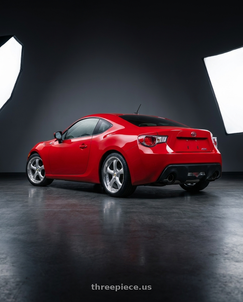 2013 scion frs with Work Wheels VS-KF 5x100 18x8+40 Light Grey Silver A Disk FULL REVERSE wheels rear three quarter view square tires