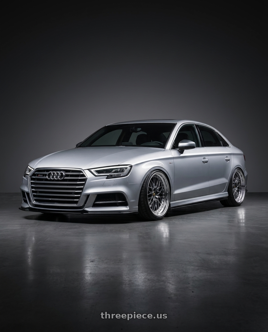 2015 Audi A3 Quattro with Work Vs-Xv 5x112 19x9.5+35 L Disk Brilliant Silver Black wheels front three quarter view lowered stance