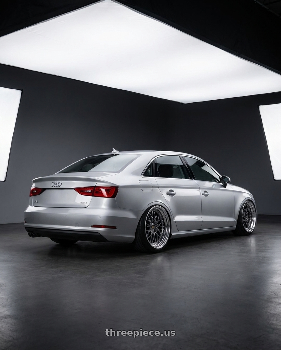 2015 Audi A3 Quattro with Work Vs-Xv 5x112 19x9.5+35 L Disk Brilliant Silver Black wheels rear three quarter view extreme stretch tires