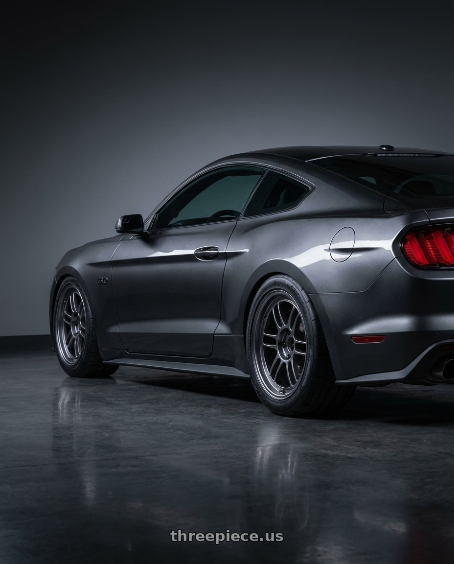2016 ford mustang  with Enkei RPF1 5x114.3 18x10.5+15 SBC wheels rear three quarter view slight stretch tires