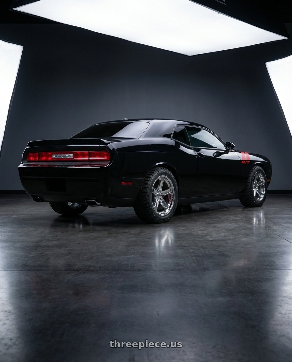 2010 dodge challenger with O.E. Revolution D-12 5x115 20x10.5 +25 Chrome wheels rear three quarter view meaty tires