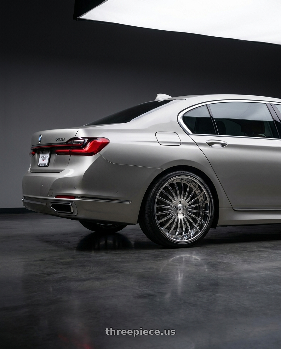 2020 bmw 750 i with Asanti Forged AF122 5x120 22x9 Chrome wheels rear three quarter view square tires