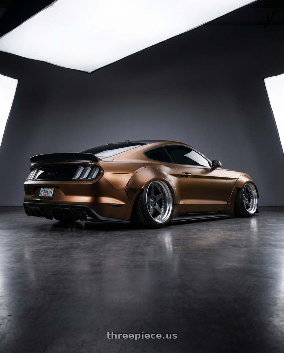 2017 Ford Mustang with Work Zistance W5s 5x114.3 19x8.5+32 s disk Brilliant Silver Black wheels rear three quarter view extreme stretch tires