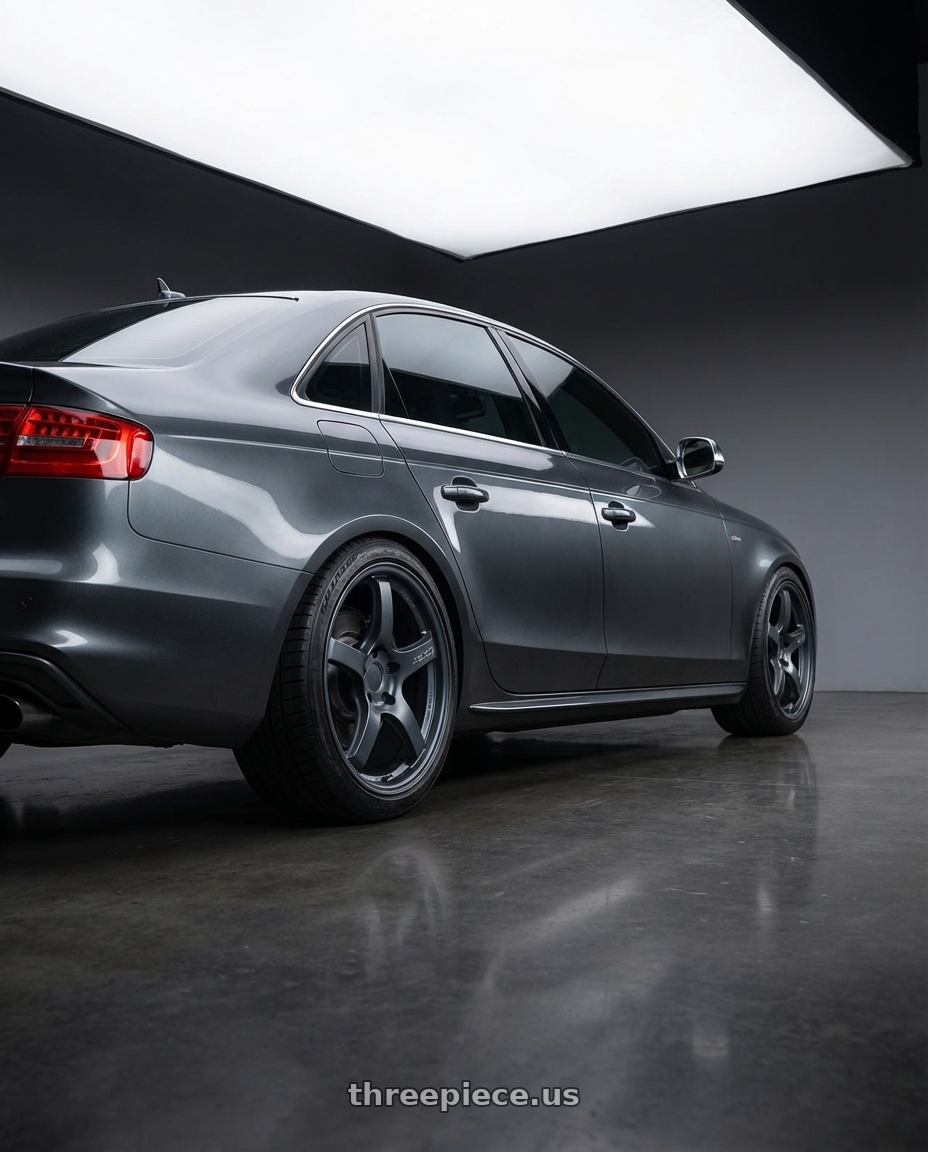 2015 Audi S4 B8.5 with Gram Lights 57CR 5x112 19x8.5+45 Gunblue II wheels rear three quarter view square tires