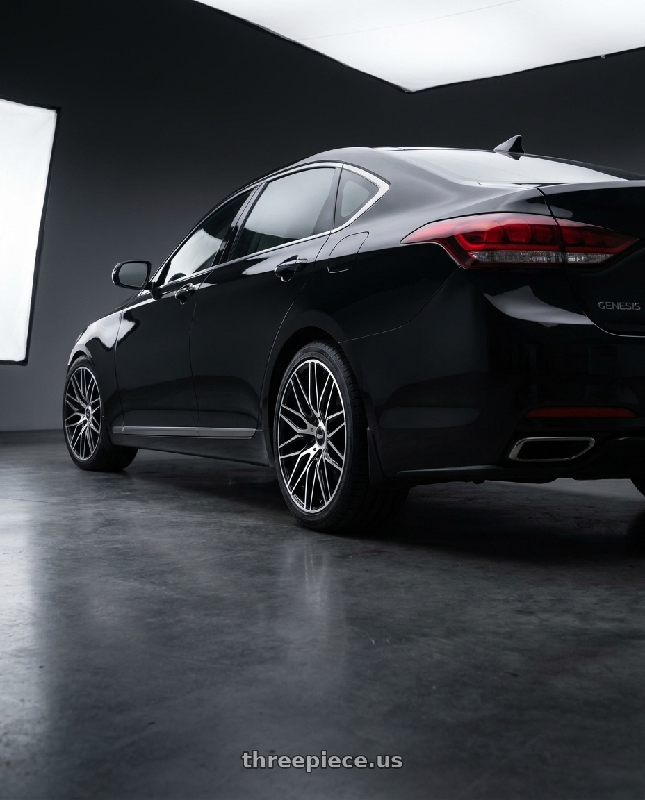 2016 Hyundai Genesis 3 8 with WHITE DIAMOND W5833 5x114.3 19x8.5 +35 Black / Machined wheels rear three quarter view square tires