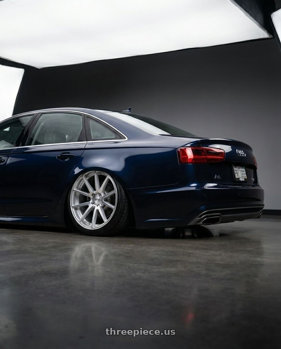 2017 Audi A6 Midnight Blue Metallic with Rotiform 1PC R120 SPF 5X112 19X8.5 +45 GLOSS SILVER MACHINED wheels rear three quarter view slight stretch tires