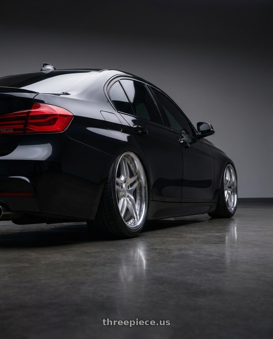 2015 bmw 335i with MRR RW2 5x120 18x9  +40 Silver Machine Face Chrome Lip wheels rear three quarter view slight stretch tires