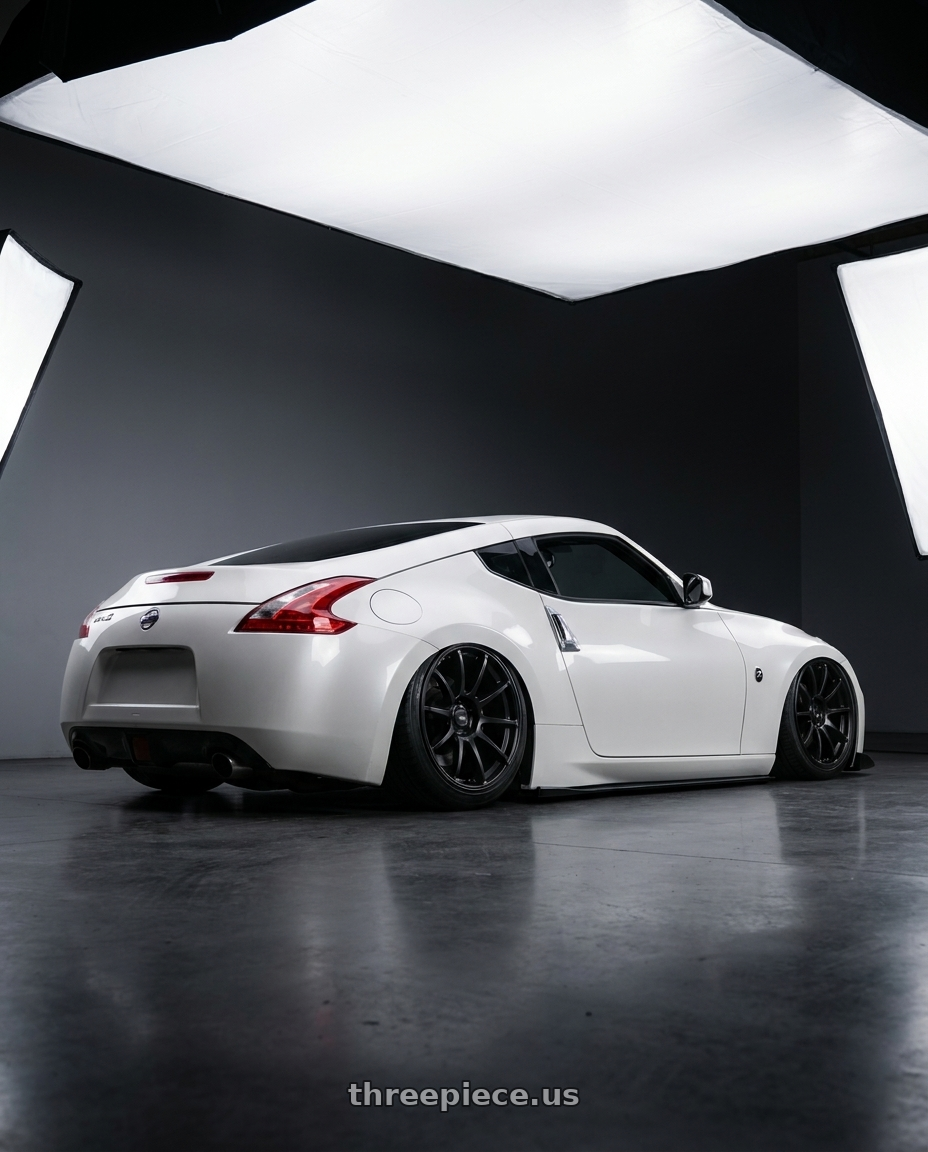 2019 Nissan 370Z with Ssr Gtv02 5x114.3 19x8.5+38  FLAT BLACK wheels rear three quarter view slight stretch tires
