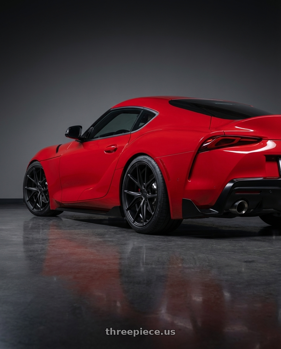 2023 Toyota GR Supra with Niche 1PC M117 MISANO 5X112 19X8.5 +34 MATTE BLACK wheels rear three quarter view square tires