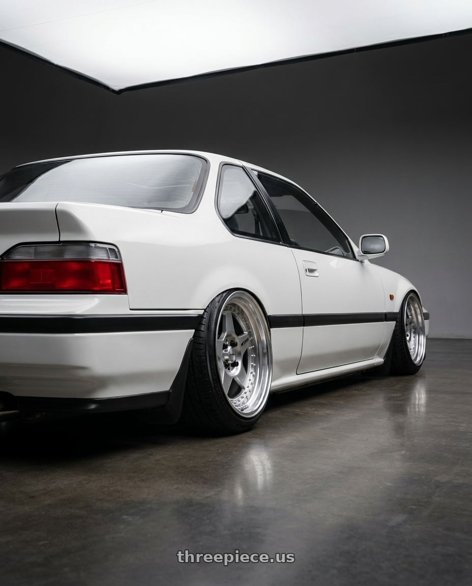 1991 Honda Prelude 3rd Generation Si, white in colour.  with Work Meister Cr01 4x100 16x9+-3 A Disk Bright Buff Finish wheels rear three quarter view extreme stretch tires
