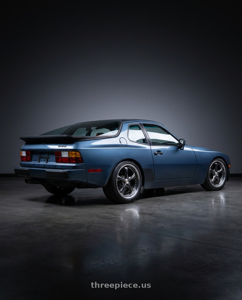 1989 Porsche 944 with Work Wheels VS-KF 5x114.3 18x9.5+65 Brilliant Silver Black O Disk FULL REVERSE wheels rear three quarter view slight stretch tires