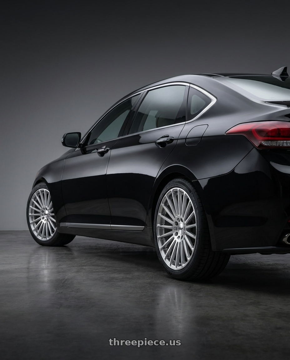 2016 Hyundai Genesis 3 8 with TSW TURBINA 5X114.3 19X8.5 +40 TITANIUM SILVER W/ MIRROR CUT FACE wheels rear three quarter view square tires