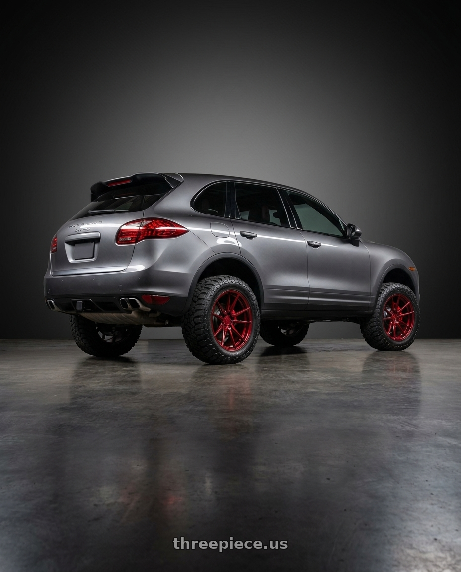 2015 Porsche Cayenne s meteorite with Rohana RFX2 5x130 20x9+45 Gloss Red wheels rear three quarter view meaty tires