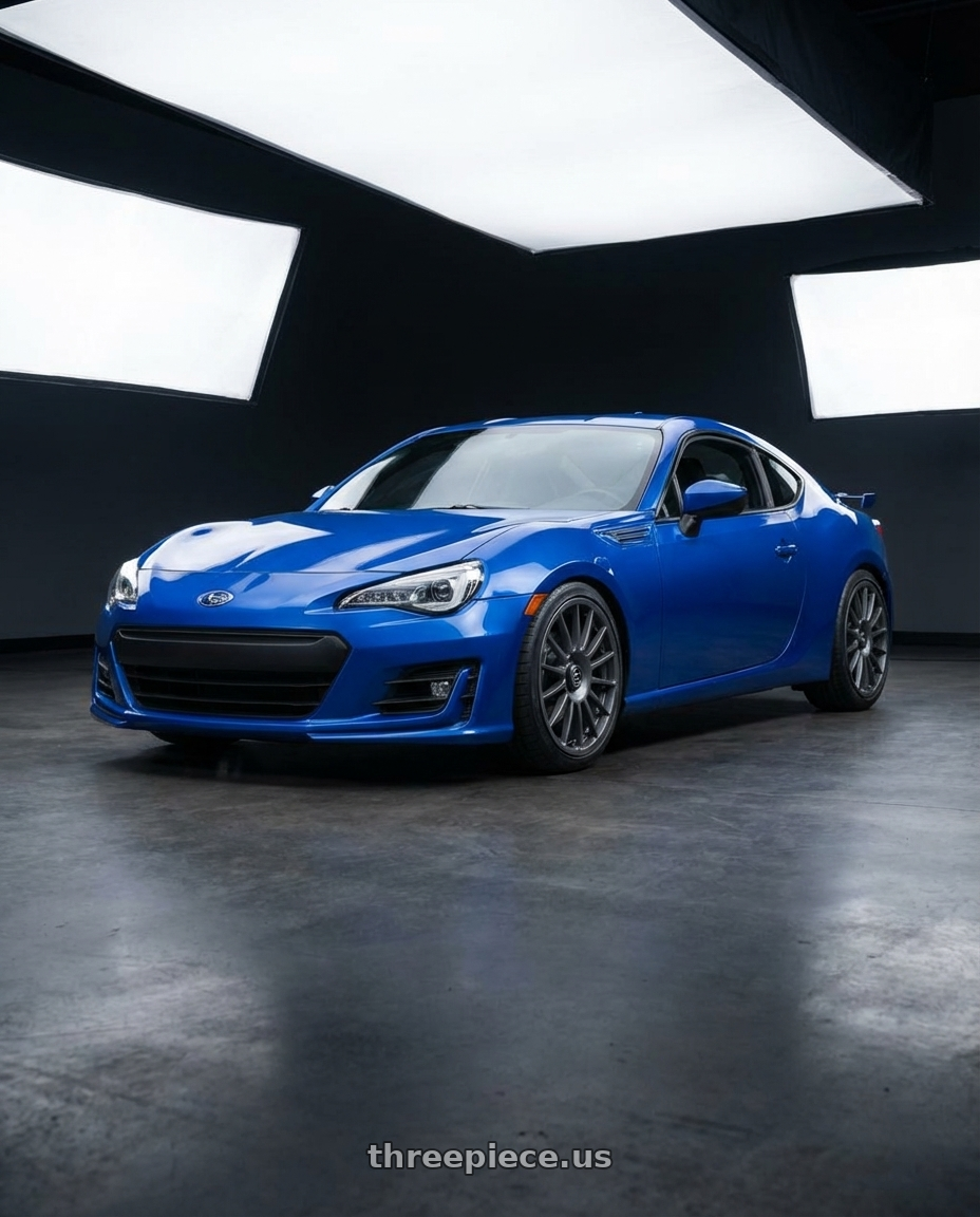 2017 Subaru BRZ with fifteen52 PODIUM 5x100 / 5x112 17x7.5 +35 FROSTED GRAPHITE (SATIN GREY) wheels front three quarter view lowered stance