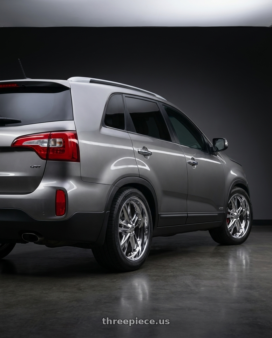 2014 Kia Sorrento Limited Grey with Foose 1PC F097 KNUCKLE 5X120.65 18X8 +1 CHROME PLATED wheels rear three quarter view square tires