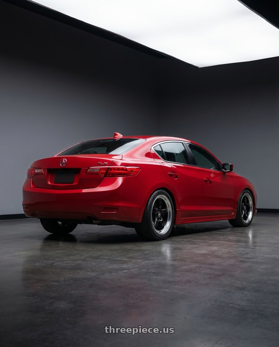 2012 Acura ILX with Forgestar D5 Drag 5x114.3 17x7 +6 Gloss Black Machined wheels rear three quarter view square tires
