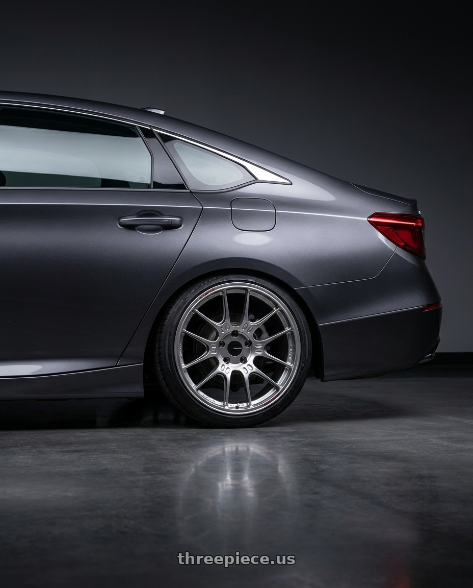 2019 honda accord lx with Enkei GTC02 5x114.3 18x9+30 Hyper Silver wheels rear three quarter view slight stretch tires