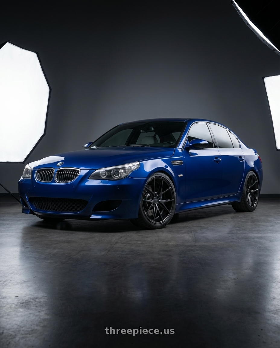 2010 BMW M5 E60 with Niche 1PC M117 MISANO 5X120 19X8.5 +35 MATTE BLACK wheels front three quarter view lowered stance