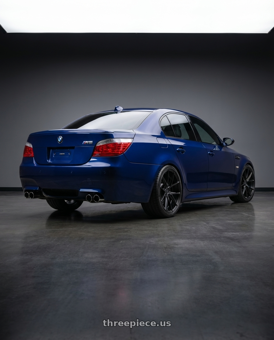 2010 BMW M5 E60 with Niche 1PC M117 MISANO 5X120 19X8.5 +35 MATTE BLACK wheels rear three quarter view square tires