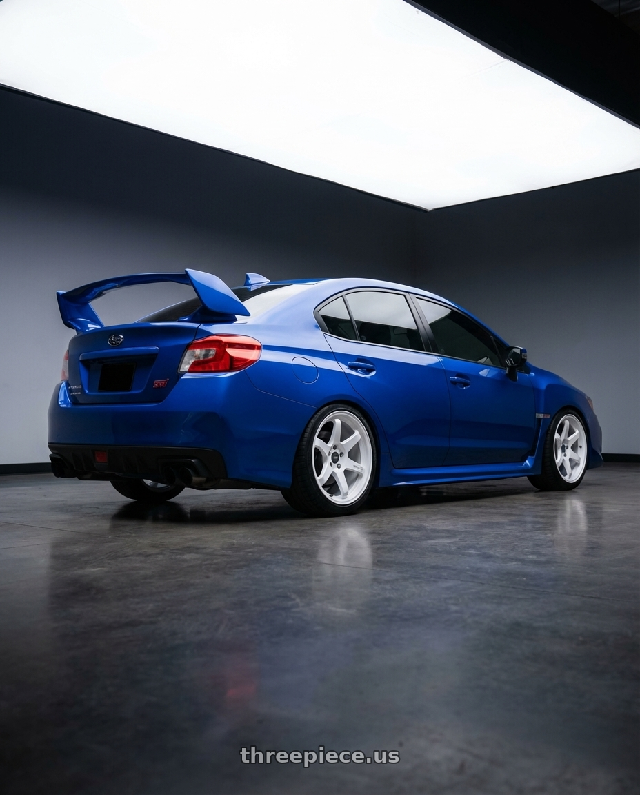 2013 Subaru WRX STI with ESR Wheels APEX SERIES AP6 5x114.3 18x8.5 +30 Gloss White wheels rear three quarter view square tires