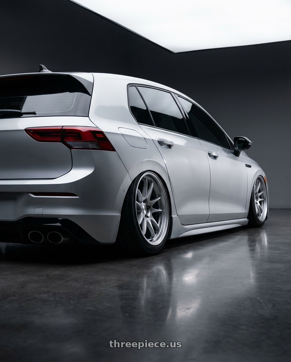 2024 Volkswagen Golf R MK8 with Kansei K11S Tandem 5X112 19x9.5 22 Hyper Silver wheels rear three quarter view slight stretch tires
