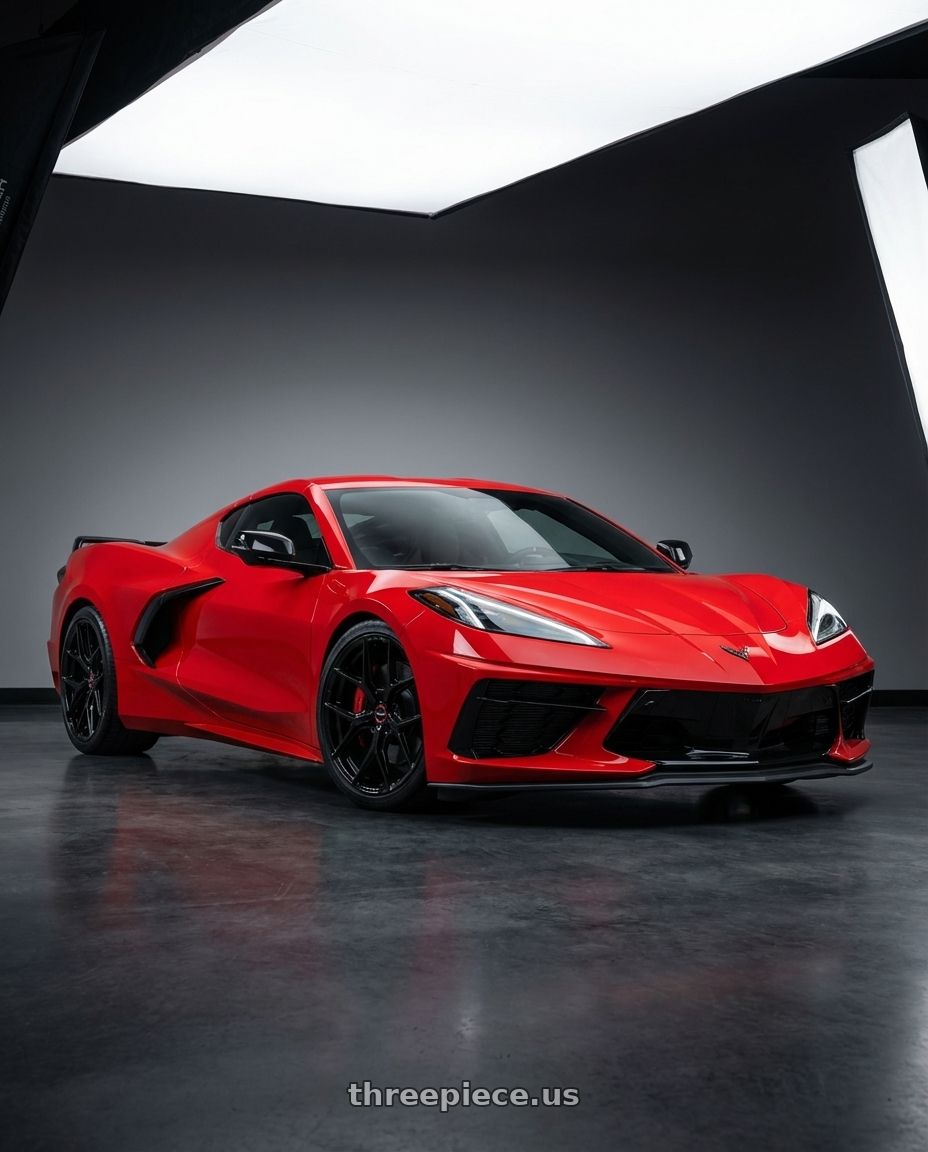 2024 Chevrolet Corvette C8 with Vossen HF-5 19x10 / 5x120.65 / ET28 / Deep / 70.3 CB - Gloss Black Wheel - HF5-9C60 wheels front three quarter view lowered stance