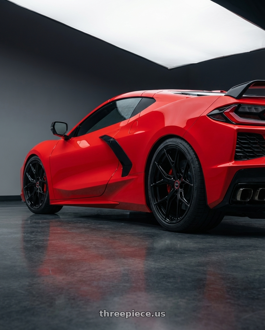2024 Chevrolet Corvette C8 with Vossen HF-5 19x10 / 5x120.65 / ET28 / Deep / 70.3 CB - Gloss Black Wheel - HF5-9C60 wheels rear three quarter view square tires