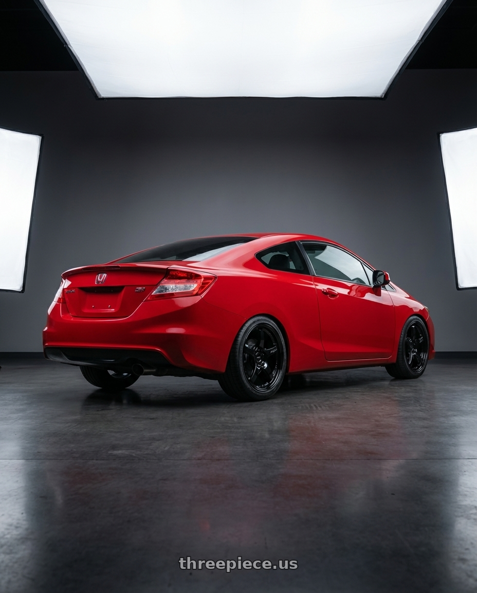 2015 Honda Civic Si with Gram Lights 57CR 5x114.3 17x9+12 Glossy Black wheels rear three quarter view square tires
