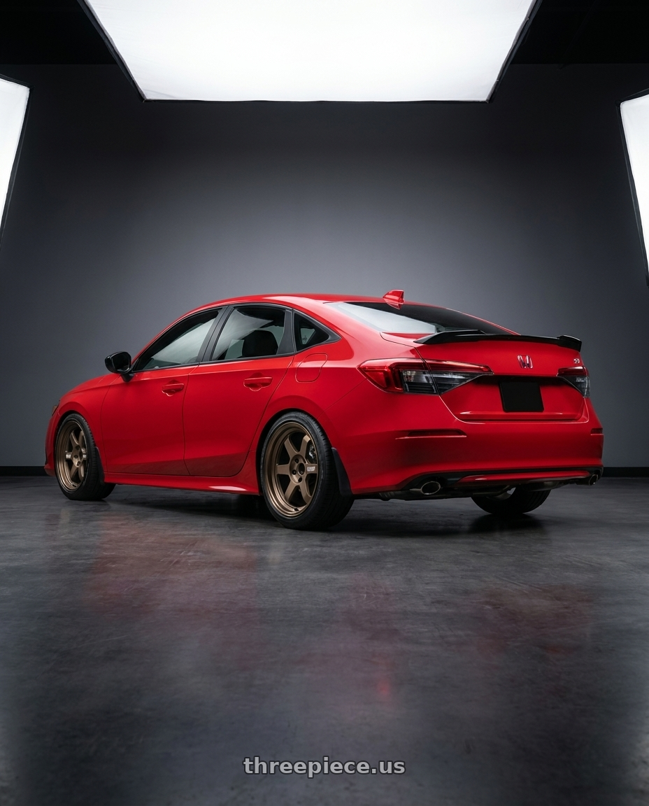 2026 Honda Civic Si with Volk Racing TE37V 10th Anniv 5x120 18x9.5+22 Bronze wheels rear three quarter view slight stretch tires