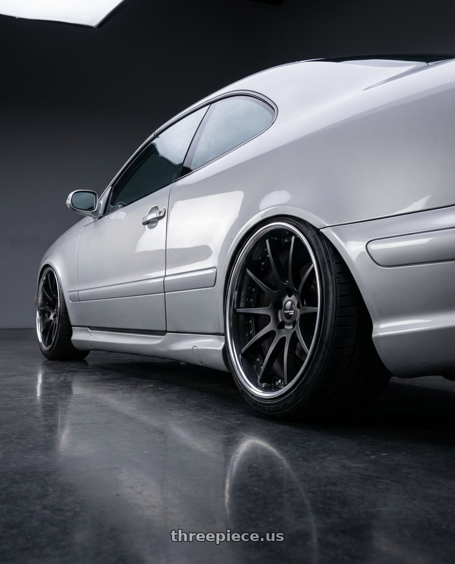 1999 Mercedes CLK320 with EXECUTOR CV01 5X112 20X10.5+47 HP Disk Flat Black wheels rear three quarter view extreme stretch tires