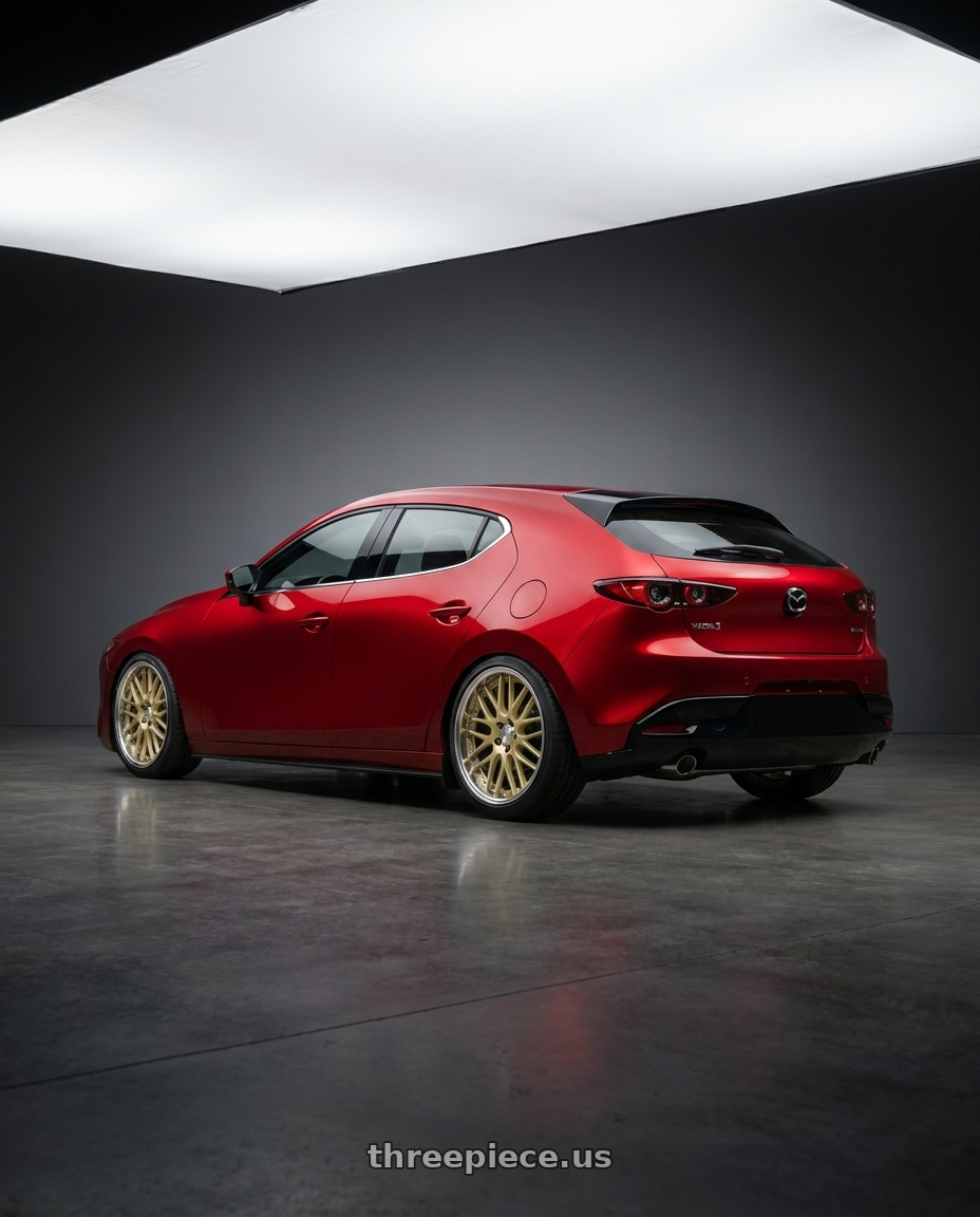 2024 Mazda 3 with Work Lanvec Lm1 5x114.3 18x8+0 A Disk Light Metallic Gold wheels rear three quarter view square tires