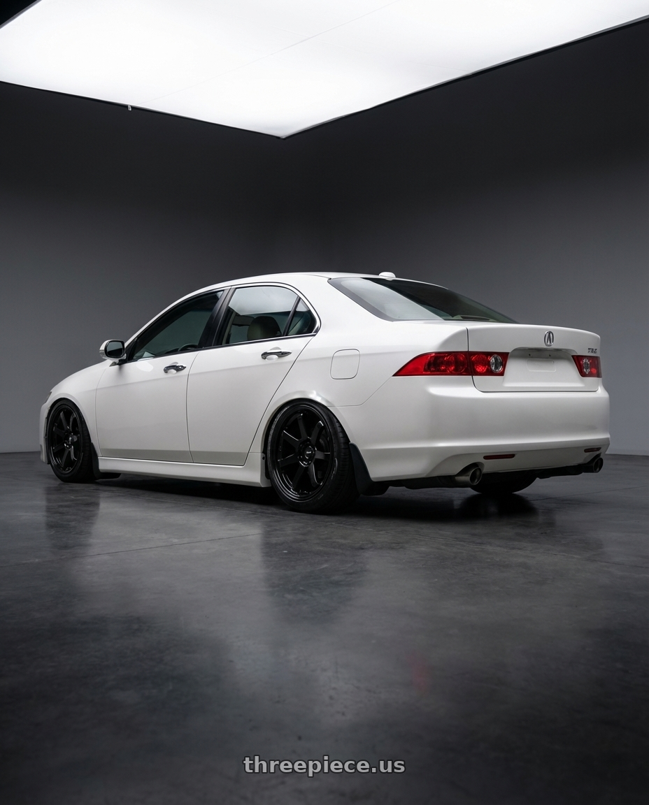2006 Acura tsx with Enkei Vanquish 5x114.3 17x8+40 Gloss Black wheels rear three quarter view slight stretch tires