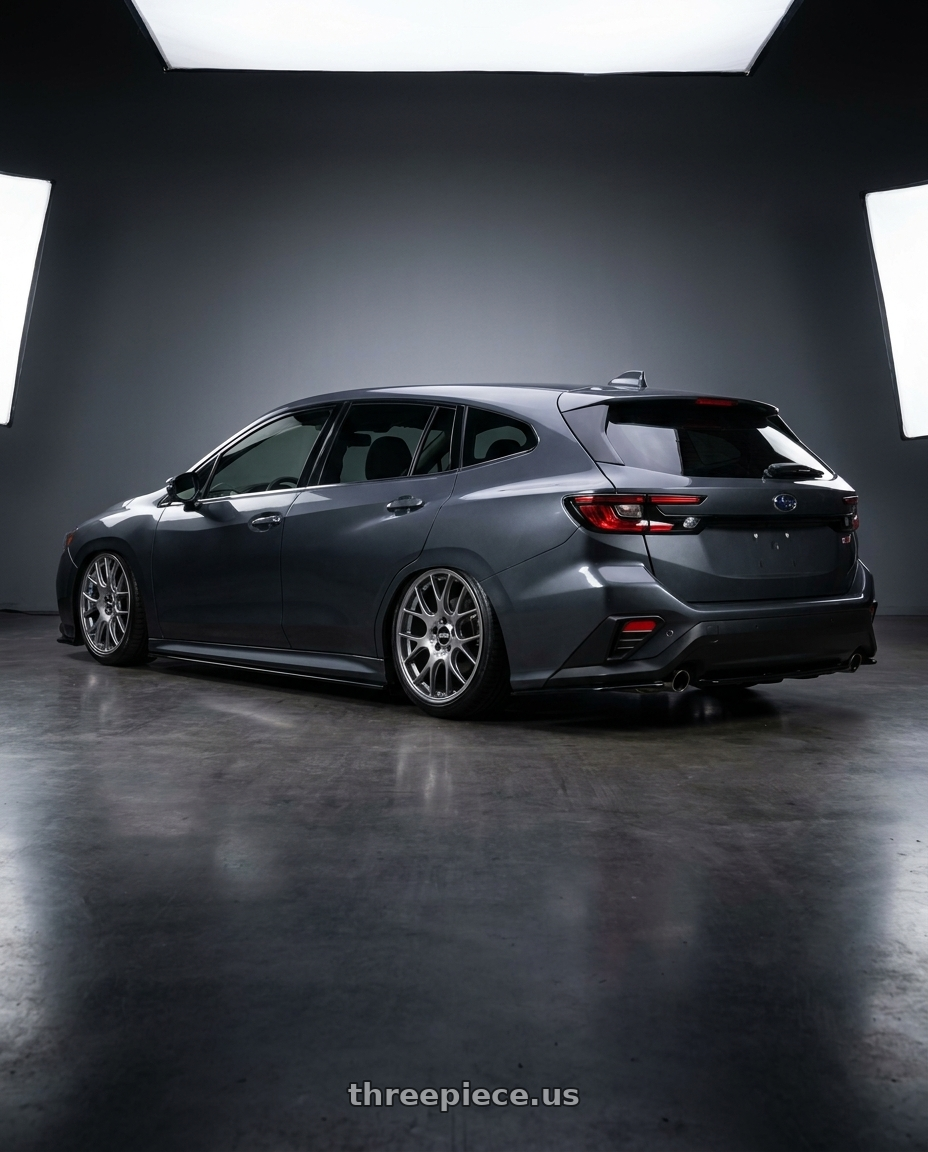 2021 Subaru levorg sti with BBS CH-R 5x112 19x8.5 +32 Satin Titanium Polished Rim Protector wheels rear three quarter view slight stretch tires