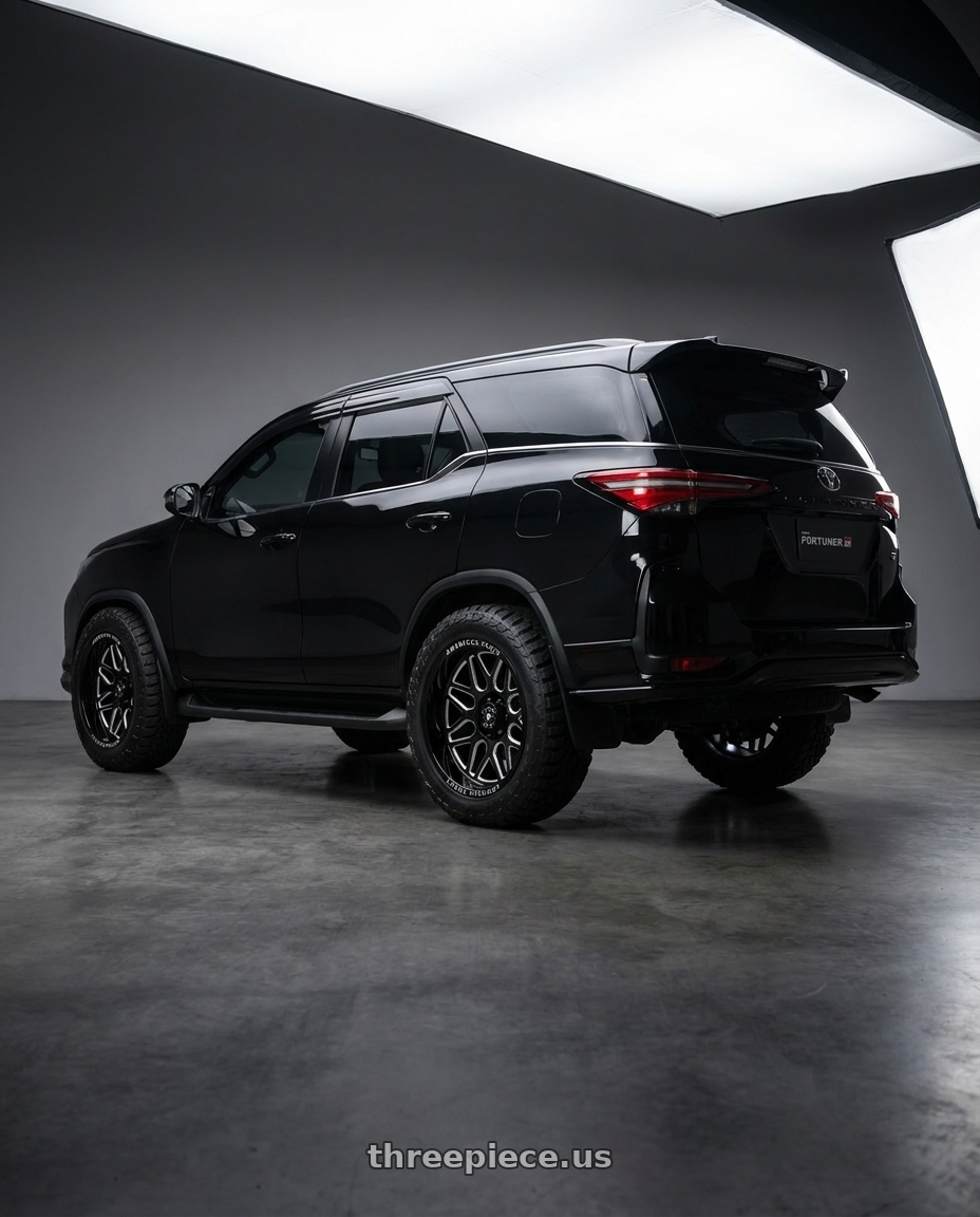 2026 toyota fortuner gr package with American Force AC001 Rush 6X139.7 20X10 -18 GLOSS BLACK MILLED wheels rear three quarter view meaty tires