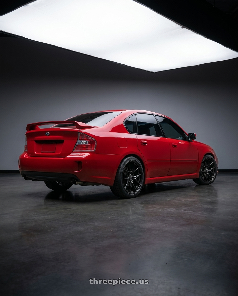 2005 subaru legacy with Enkei TSR-X 5x100 18x8.5+45 Gloss Black wheels rear three quarter view square tires