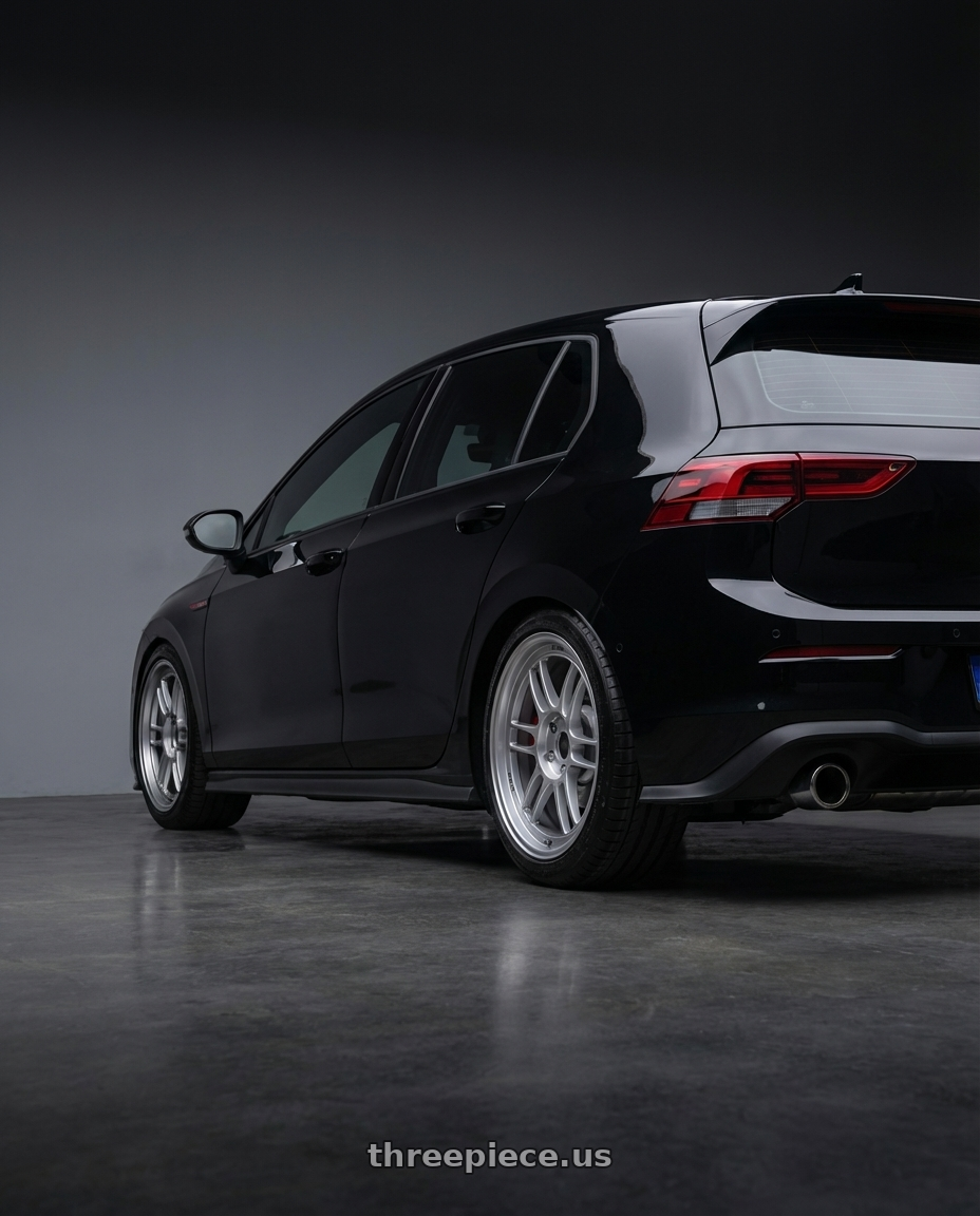 2023 golf gti with Enkei RPF1 5x112 18x9+35 Silver wheels rear three quarter view square tires