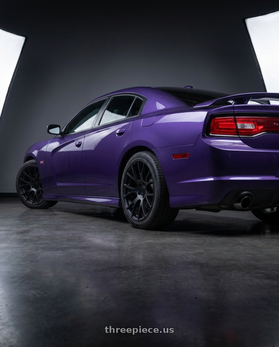 2014 Dodge Charger SRT8 Plum with Performance Replicas PR161 5X115 20X9 +20 MATTE BLACK wheels rear three quarter view square tires