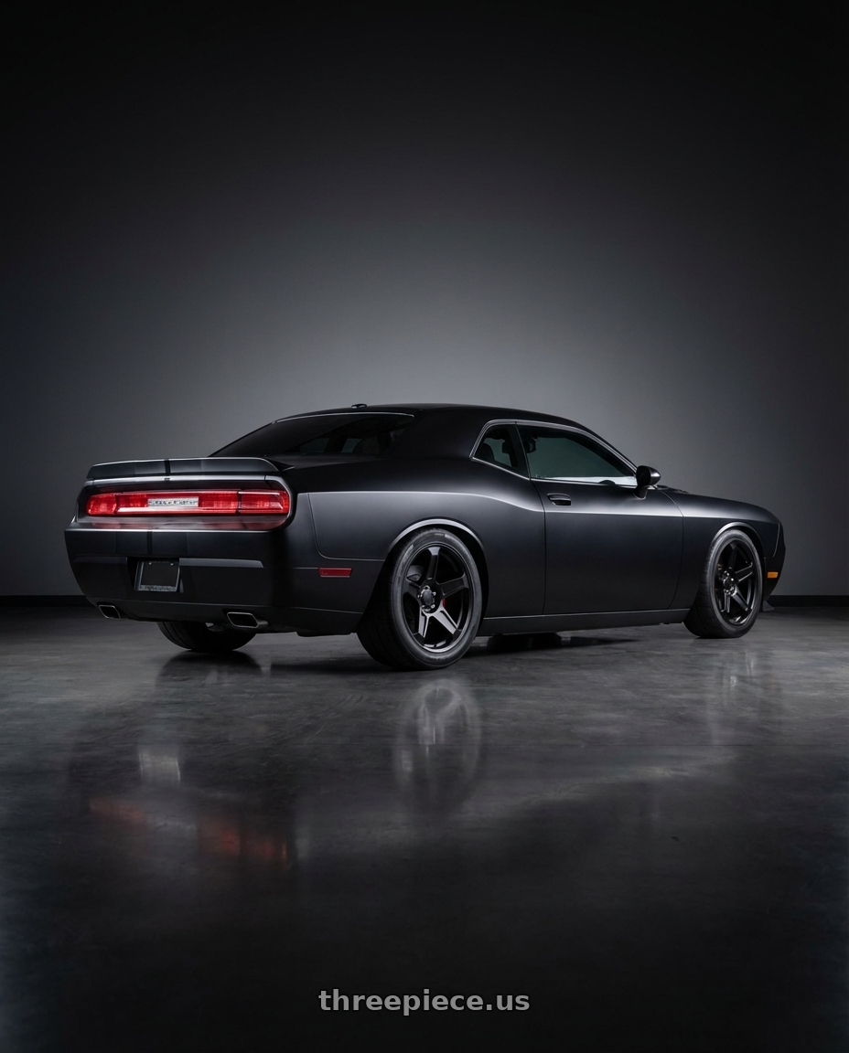 2010 dodge challenger with Voxx Replica Demon 5x115 20x9+20 Matte Black wheels rear three quarter view meaty tires