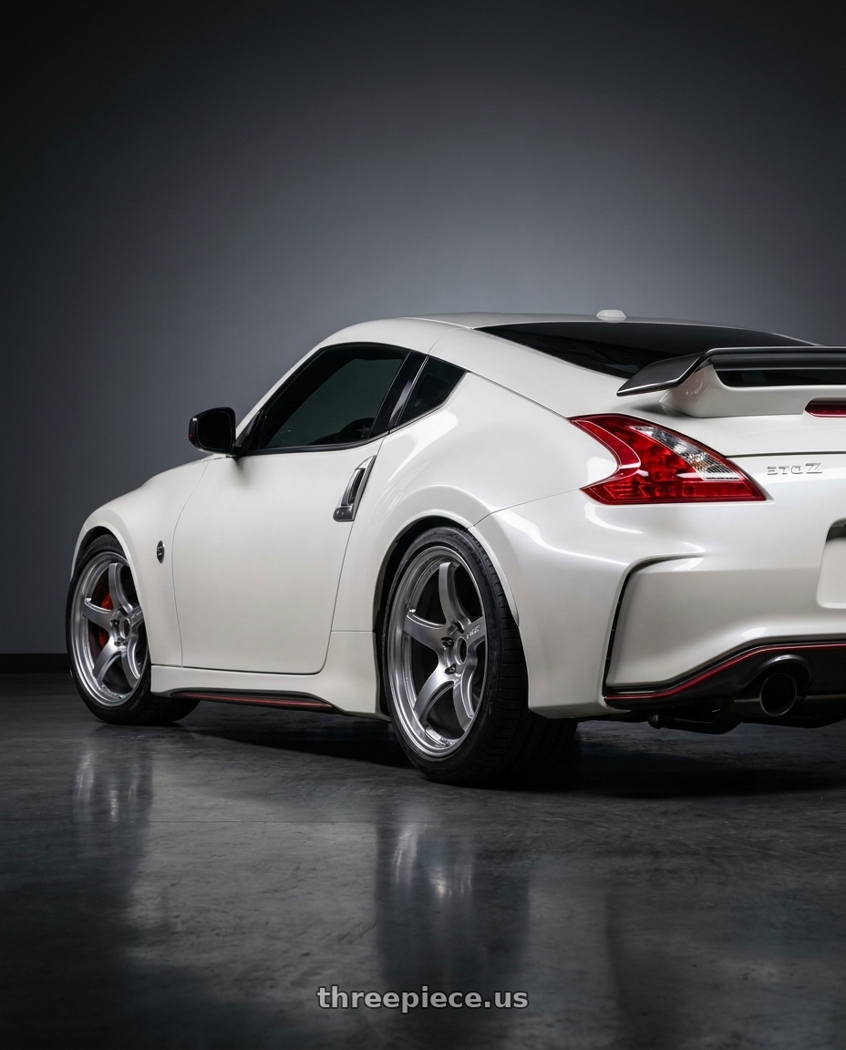 2017 Nissan 370z nismo with Gram Lights 57CR 5x114.3 19x9.5 +25 GRACE SILVER wheels rear three quarter view square tires