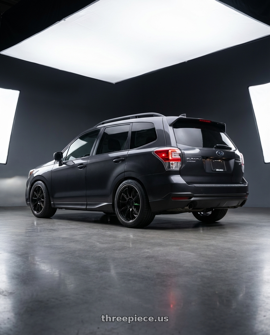 2017 Subaru Forester XT Dark Metallic Grey with Work Emotion Zr10 5x100 18x10.5 +22 Black Diamond Lip Cut wheels rear three quarter view square tires