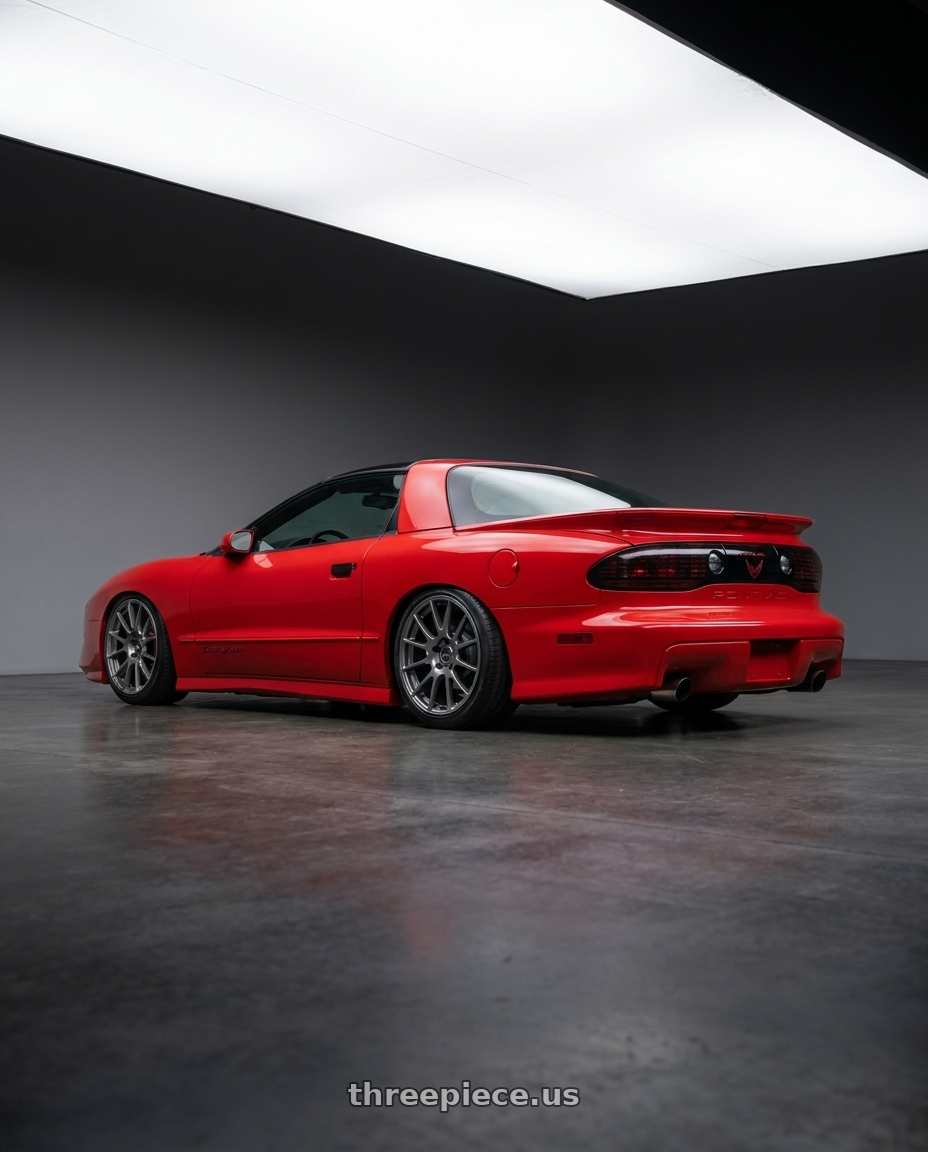 1997 Trans Am with Ssr Gtv04 5x114.3 19×8.5x8.5+38  METALLIC GRAY wheels rear three quarter view slight stretch tires