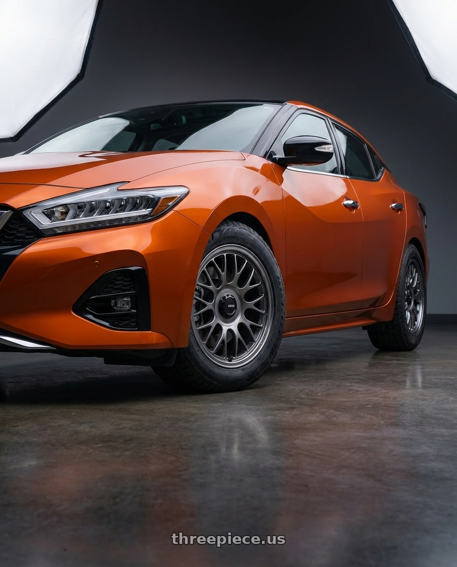 2021 Nissan Maxima Orange with Konig MRK1 5X114.3 19x9.5+40 Hyper Carbon - Gloss Black Gear Cap/Logo/Cover Plate wheels