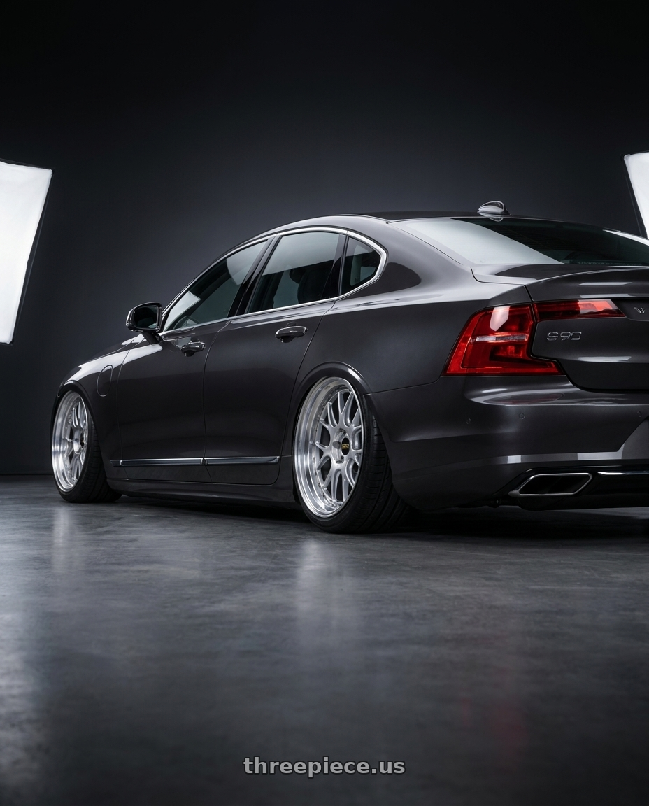 2025 Volvo S90 with BBS LM-R 5x114.3 19x8.5+43 Diamond Silver wheels rear three quarter view extreme stretch tires