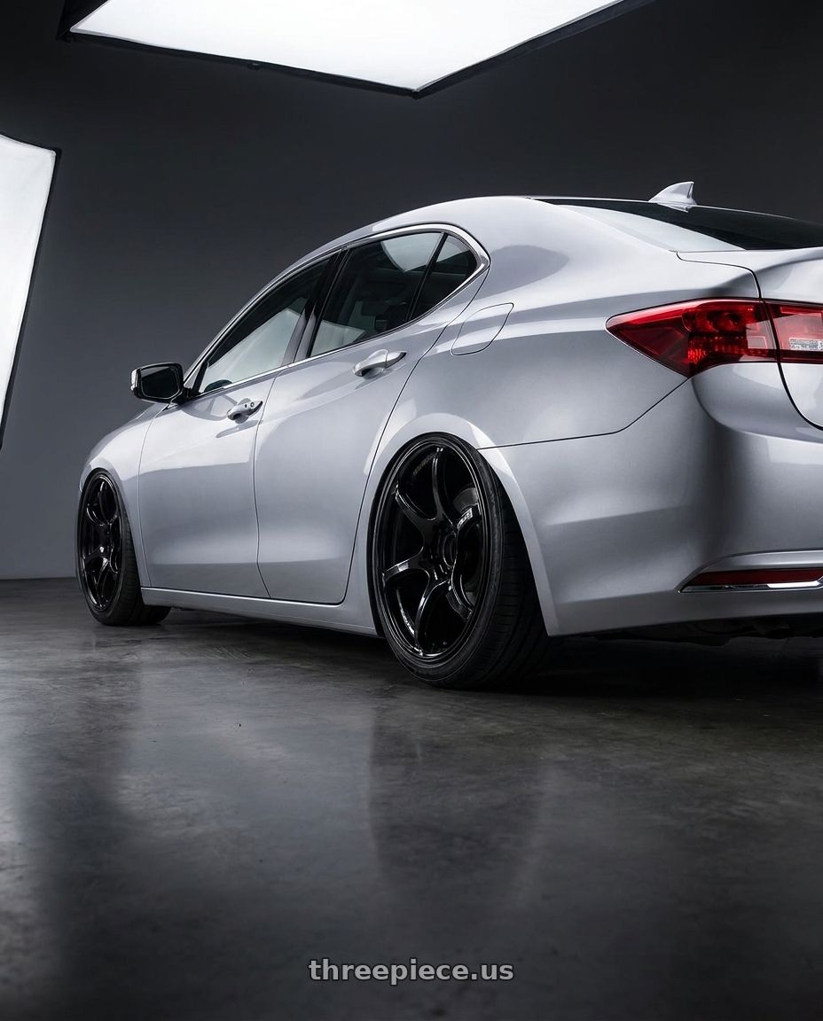 2019 Acura TLX with Advan RGIII 5x114.3 19x8.5+38 Gloss Black wheels rear three quarter view slight stretch tires